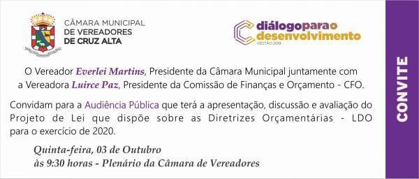 Audiência Pública sobre a LDO acontece esta semana em Cruz Alta