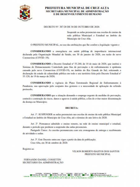 Administração Municipal decreta suspensão das aulas presenciais em Cruz Alta