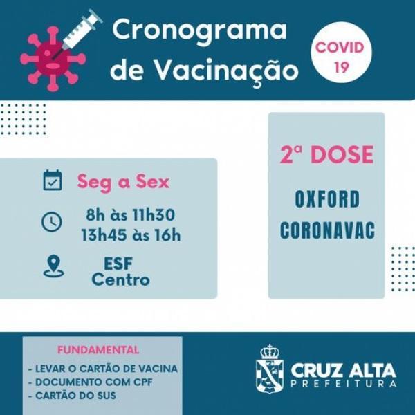 Na Esf do Centro tem disponível  a 2º dose da CoronaVac e Oxford/AstraZeneca