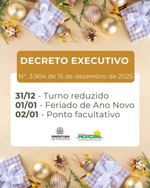 Prefeitura de Pejuçara divulga horários de funcionamento no fim de ano