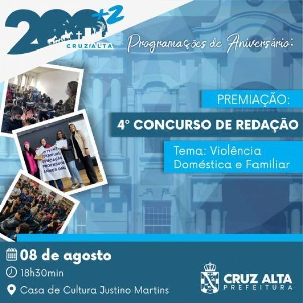 Premiação do 4º Concurso de Redação será realizada no dia 8 de agosto