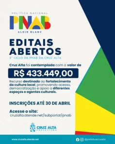 INCENTIVO À CULTURA>Cruz Alta abre editais da PNAB com R$ 433 mil para cultura