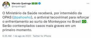 Ministro da diz que Brasil terá antiviral para tratar varíola dos macacos