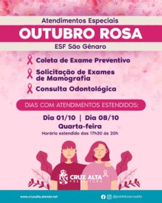 OUTUBRO ROSA> ESFs São  Genaro e Progresso terão horários especiais