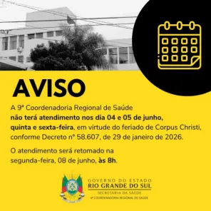 9ª Coordenadoria Regional de Saúde sem atendimento  dias 4 e 5 de junho
