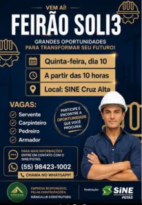OPORTUNIDADE DE EMPREGO>Feirão Soli3 oferece vagas de trabalho em Cruz Alta