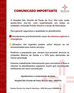 Hospital São Vicente registra superlotação e prioriza atendimentos de urgência