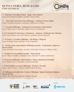46ª Coxilha Nativista e 40ª Coxilha Piá apresentam as canções classificadas