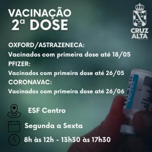 Segundas doses de vacina contra a Covid-19 estão sendo aplicadas no ESF Centro