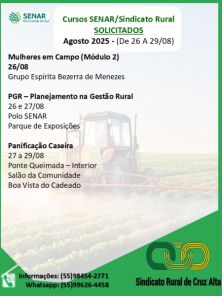 Sindicato Rural e SENAR oferecem cursos gratuitos em agosto em Cruz Alta