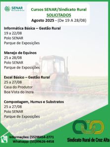 Sindicato Rural e SENAR oferecem cursos gratuitos em agosto em Cruz Alta