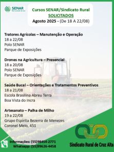 Sindicato Rural e SENAR oferecem cursos gratuitos em agosto em Cruz Alta