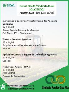 Sindicato Rural e SENAR oferecem cursos gratuitos em agosto em Cruz Alta
