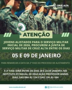 Junta Militar alerta sobre datas do alistamento 2026 em Cruz Alta