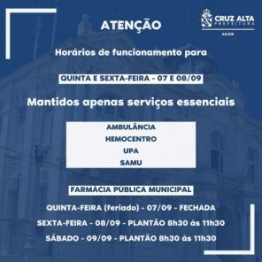 FERIADO DO 07 DE SETEMBRO: Confira o que abre e fecha em Cruz Alta