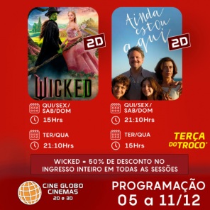 DOMINGO: Confira a programação de filmes  no Cine Globo de Cruz Alta