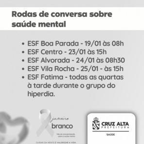 JANEIRO BRANCO: Rodas de Conversas nas ESFs de Cruz Alta começam amanhã