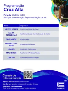 Corsan divulga programação de obras em Cruz Alta até sexta-feira