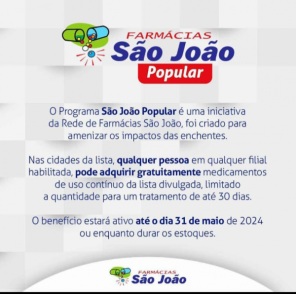 CHEIAS>Farmácias São João disponibiliza de graça medicamentos de uso contínuo 