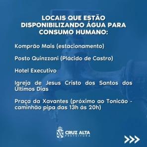 CRUZ ALTA SEM ÁGUA: Confira os pontos de distribuição para consumo humano