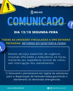 Unidades de Saúde fecham amanhã; urgências mantêm atendimento na UPA