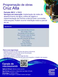 Corsan divulga programação de obras em Cruz Alta até sexta-feira