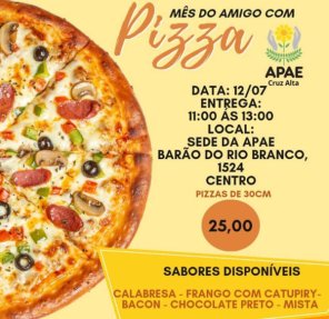 APAE promove venda de pizzas solidárias no sábado na sede da entidade