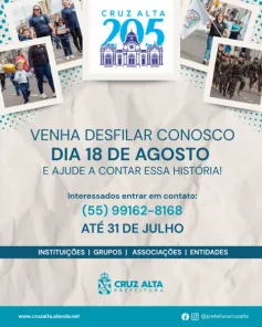 Cruz Alta abre inscrições para o Desfile dos 205 anos do município