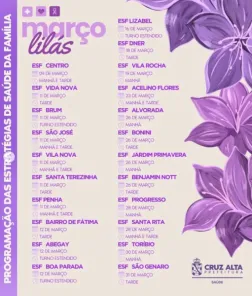 MARÇO LILÁS>Confira o cronograma de atendimentos preventivos nas ESFs 