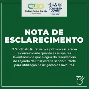 Sindicato Rural  divulga nota de esclarecimento sobre o Lajeado da Cruz