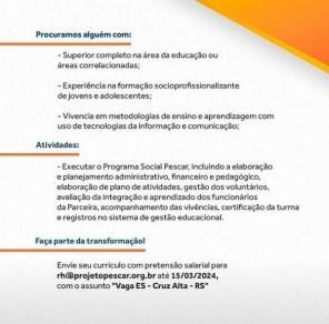 Projeto Pescar tem vaga para Educador Social; seleção vai até a sexta dia 15