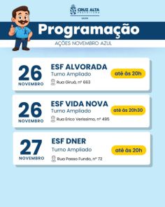 NOVEMBRO AZUL> ESFs Abegay e Toríbio tem horário estendido nesta quinta 