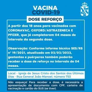Vacinação contra a covid-19 de 1º, 2º ,3º e 4º doses essa semana em Cruz Alta 