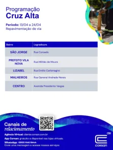 Corsan anuncia repavimentação de vias em Cruz Alta até 24 de abril