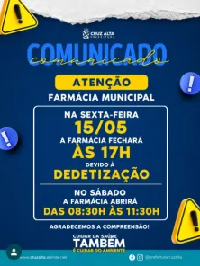 NA SEXTA-FEIRA> Farmácia Municipal terá alteração no atendimento em Cruz Alta