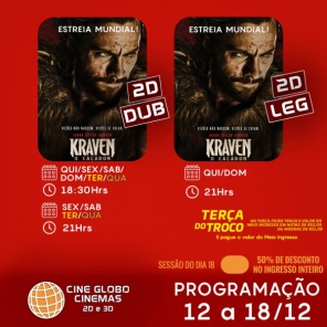 DOMINGO: Confira a programação de filmes  no Cine Globo de Cruz Alta