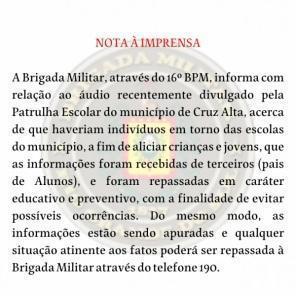 Brigada Militar de Cruz Alta divulga nota sobre áudios das redes sociais