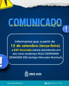 ESF Alvorada passa a atender em novo endereço em Cruz Alta