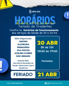 Saúde de Cruz Alta divulga horários para o feriado de Tiradentes
