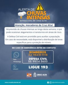Defesa Civil de Cruz Alta emite alerta para chuvas intensas na região