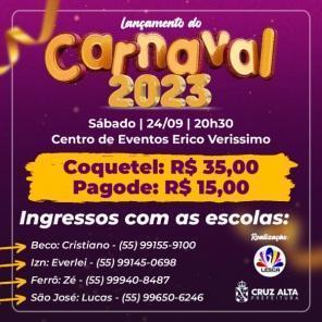Lançamento do Carnaval de Cruz Alta 2023 será no próximo dia 24 de Setembro