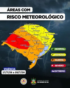 Defesa Civil eleva alerta para vermelho e prevê temporais no RS