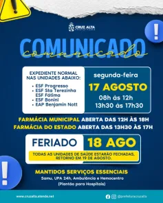 Saúde terá mudanças no atendimento hoje e durante o feriado em Cruz Alta