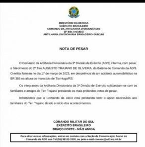 Militar da AD/3 morre vítima de acidente de trânsito na BR-386 em Tio Hugo