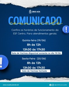 FERIADO> ESF Centro atenderá durante o todo dia  com sala de vacinas aberta