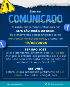 Atendimentos das ESFs São José e DNER serão transferidos a partir desta quarta