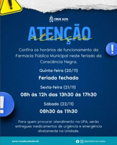 Farmácia Pública ajusta horários no feriado da Consciência Negra