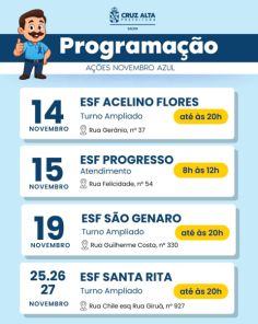NOVEMBRO AZUL> ESF São Genaro tem horário estendido nesta quarta-feira 