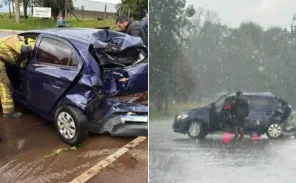 Motorista fica ferida após carro aquaplanar e atingir poste em Cruz Alta