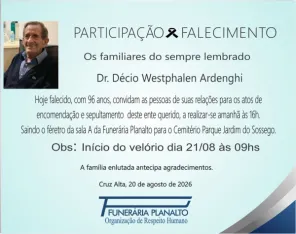 Cruz Alta se despede do médico Dr. Décio Westphalen Ardenghi aos 96 anos